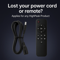 Black replacement power cord and remote control for HighPeak products featuring navigation buttons and standard connector