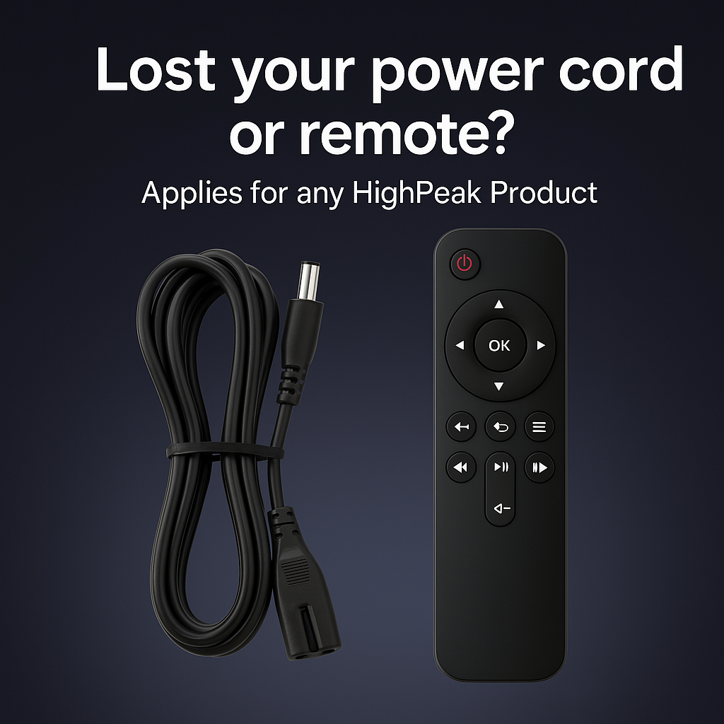 Black replacement power cord and remote control for HighPeak products featuring navigation buttons and standard connector