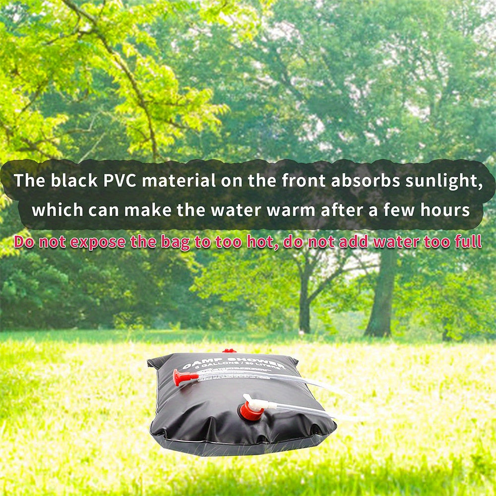 Black solar-heated Camp Shower bag displayed in outdoor setting with PVC material and red nozzle for portable camping use"

This ALT text effectively:
- Names the product (Camp Shower)
- Describes key visible features (black color, solar heating, PVC material, red nozzle)
- Provides context (outdoor setting)
- Includes relevant usage (camping, portable)
- Stays within character limit
- Uses natural, readable language
- Incorporates important prod