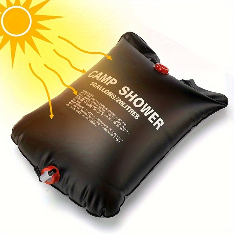 Black solar Camp Shower bag with 5-gallon capacity showing sun rays heating system and red spout valve for outdoor bathing