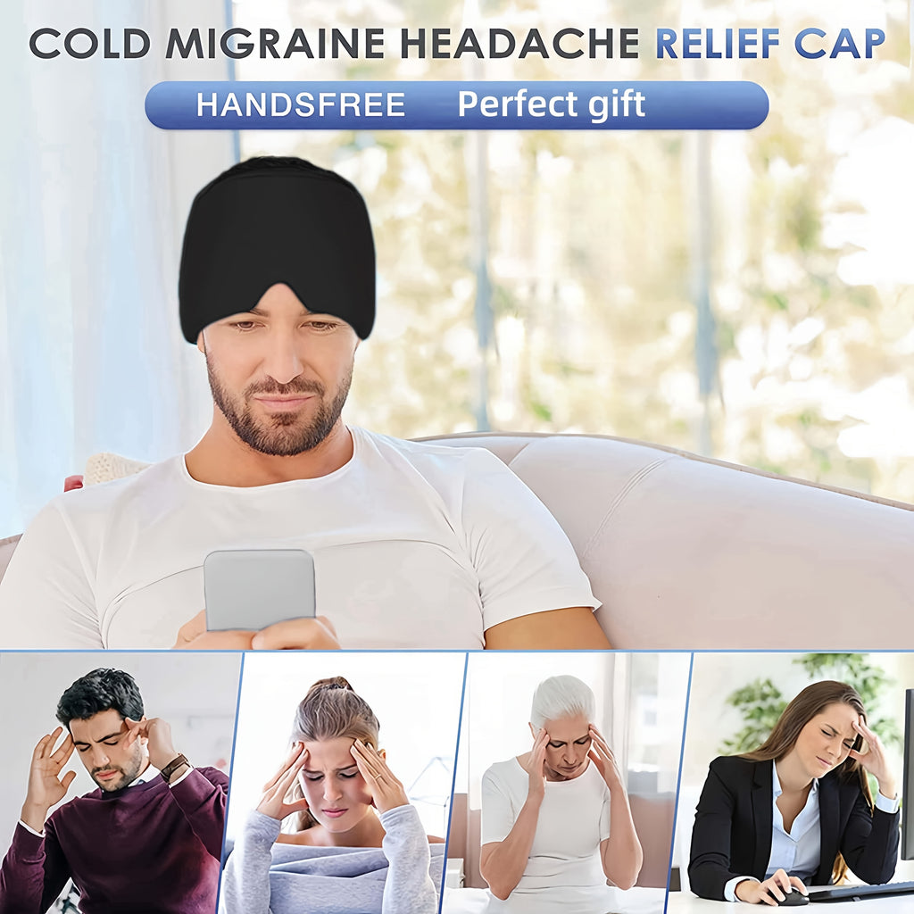 Black stretch-fit headache relief cap providing cold therapy coverage shown on couch with phone - migraine and tension relief