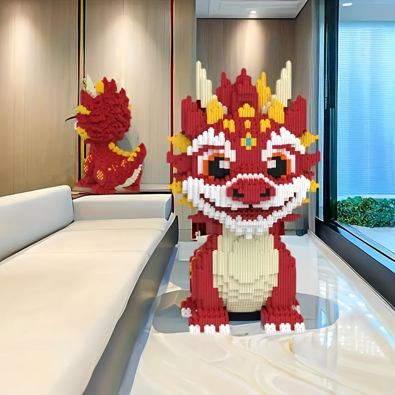 Blaze Guardian brick-built dragon figure in red and white with detailed face, displayed on glass table in modern interior