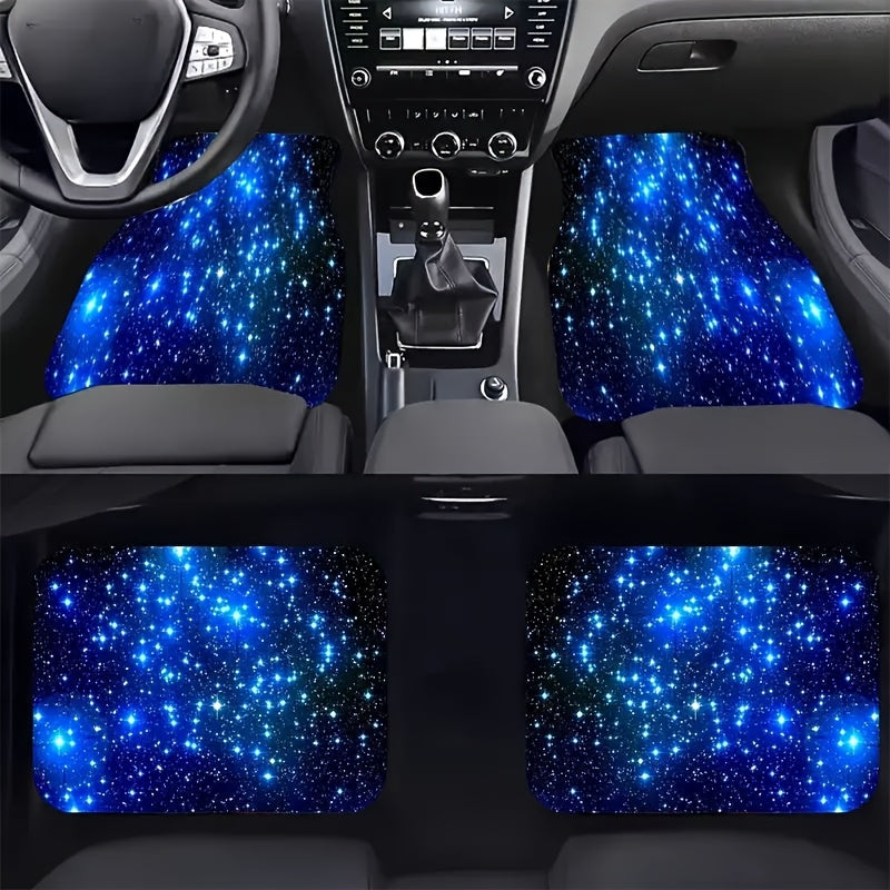 Blue Galaxy Car Floor Mats set of 4 featuring cosmic starry pattern installed in modern vehicle interior, protective automotive accessory