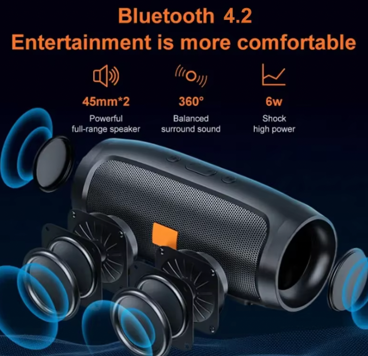 Bluetooth speaker with 360-degree surround sound and 45mm dual speakers in black design