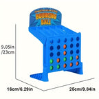 BounceConnect bouncing ball game board in bright blue with colorful game pieces and vertical grid design for interactive play