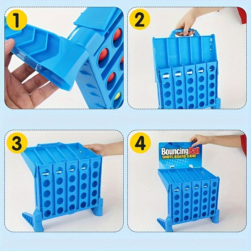 BounceConnect game assembly steps showing blue grid frame setup and portable carrying handle for bounce ball gameplay