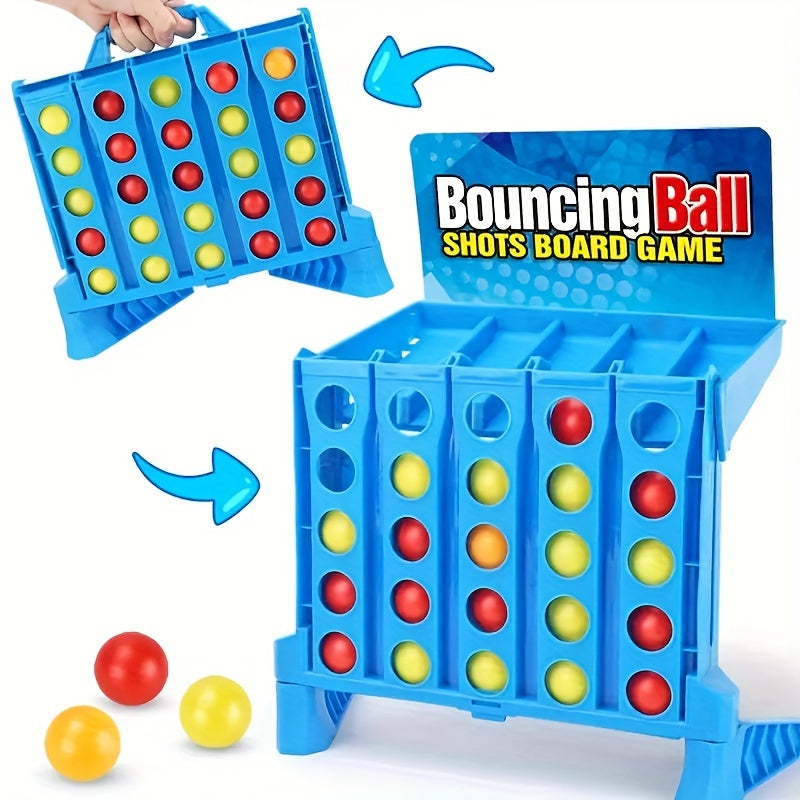 BounceConnect game board in bright blue with red and yellow balls - interactive family connect-four strategy game setup