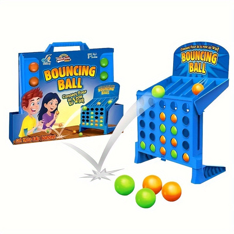 BounceConnect game set with blue vertical board, colorful bouncing balls, and angled bounce ramp for connect-four gameplay
