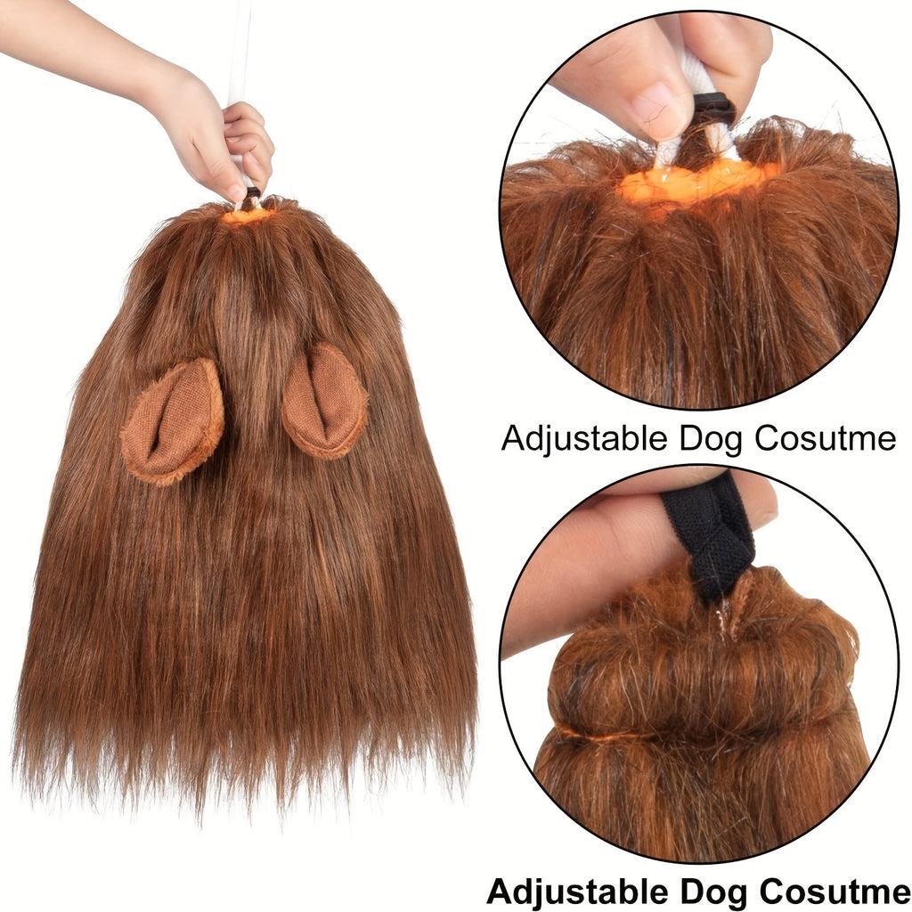 Brown Lion Mane Dog Costume with adjustable straps and plush ears shown in product detail views demonstrating fitting method