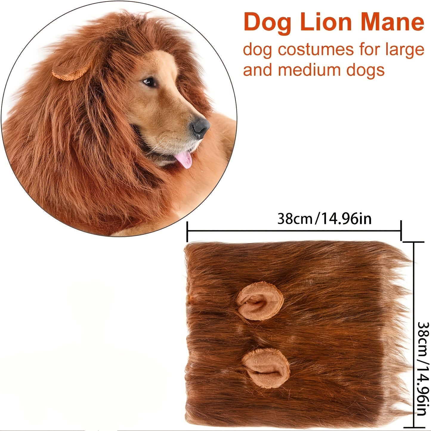 Brown fluffy lion mane costume shown on dog and flat display with measurements for medium and large breeds