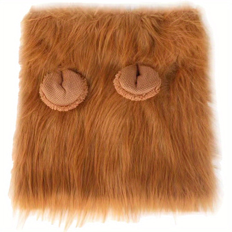 Brown furry lion mane dog costume with plush ears shown flat against white background - adjustable pet Halloween accessory