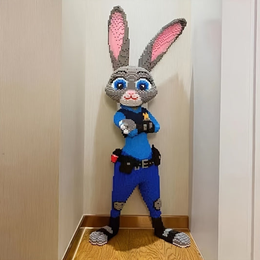 Bunny Patrol 3D building blocks display featuring grey rabbit officer in blue uniform with utility belt on wooden floor