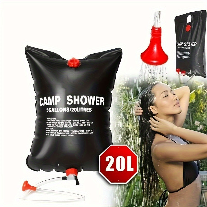 Camp Shower 20L portable solar shower bag with red nozzle and hanging system - black waterproof design for outdoor use