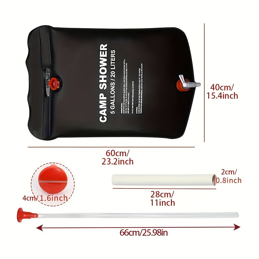 Camp Shower 5-gallon portable solar shower bag in black with measurements, hose attachment, and hanging handle for outdoor use