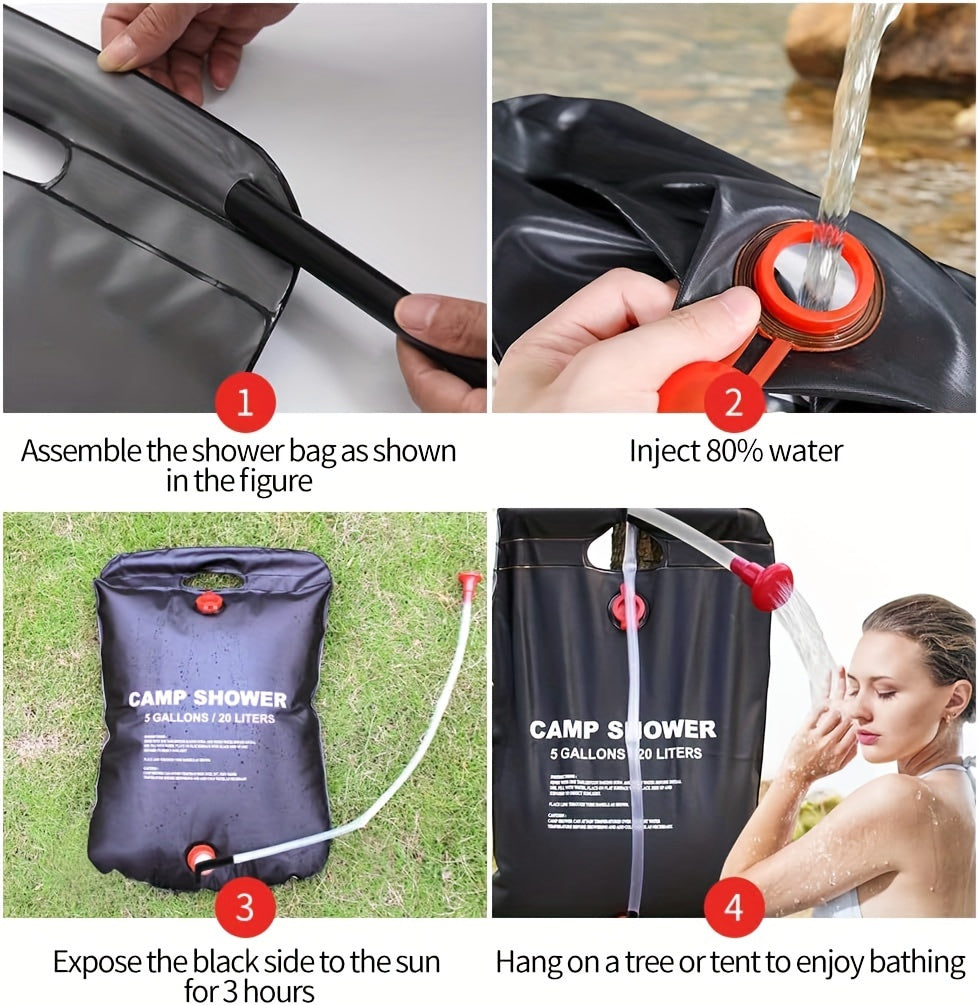 Camp Shower portable 5-gallon solar heating system shown in black with red valve, demonstrating setup and usage steps outdoors