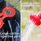 Camp Shower with red shower head showing water flow and large filling port - portable outdoor camping shower system