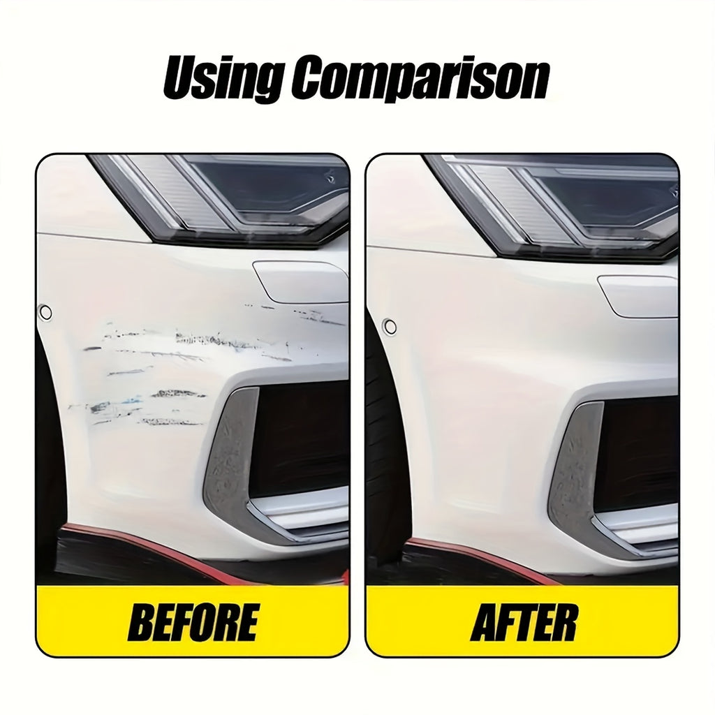 Car scratch repair before and after comparison showing white car bumper surface restored to pristine condition with Instant Scratch Eraser
