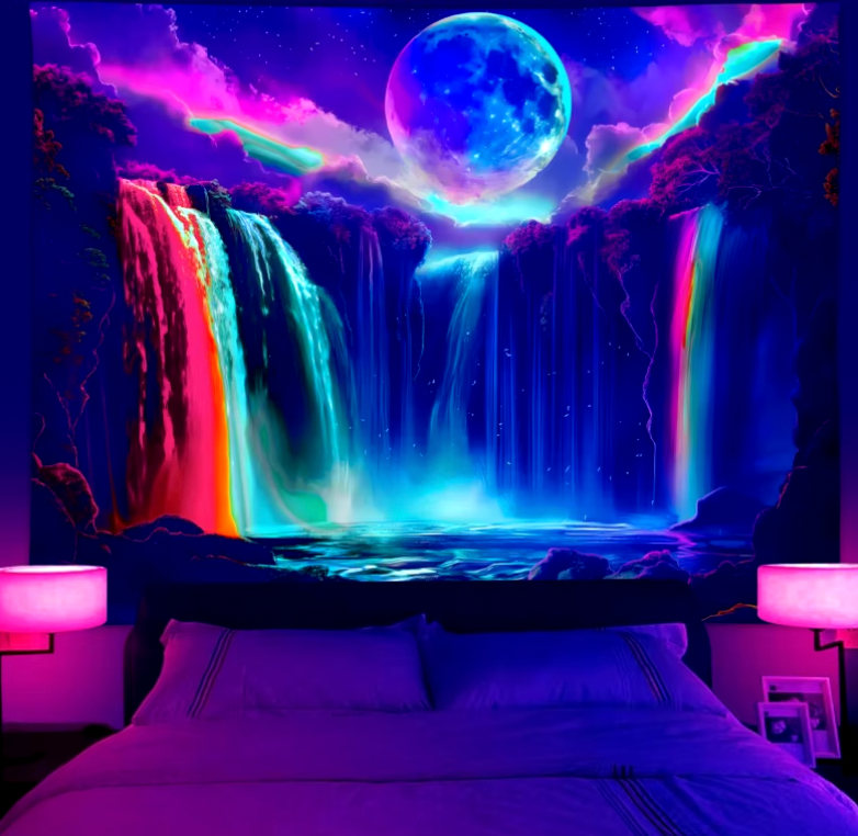 Cascade tapestry featuring neon waterfall and moon scene, displayed in bedroom with purple ambient lighting