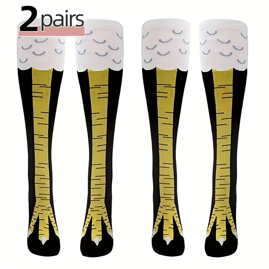 ChickenLegs novelty knee-high socks featuring yellow chicken feet design on black background with white feather pattern top - 2 pairs