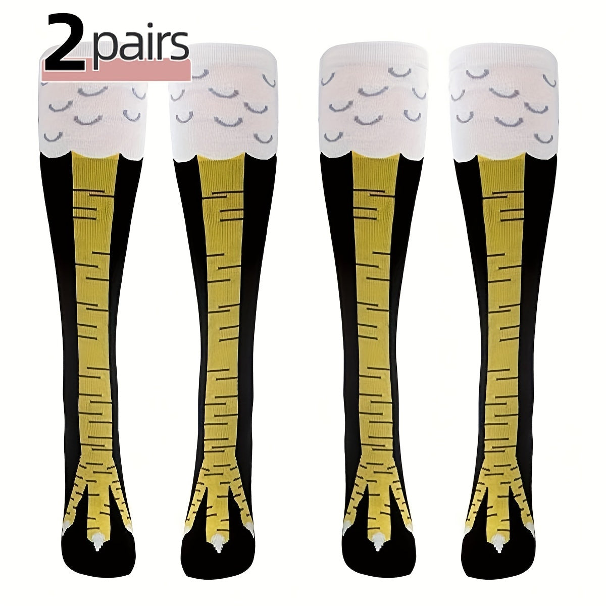 ChickenLegs novelty knee-high socks featuring yellow chicken feet design on black background with white feather pattern top - 2 pairs