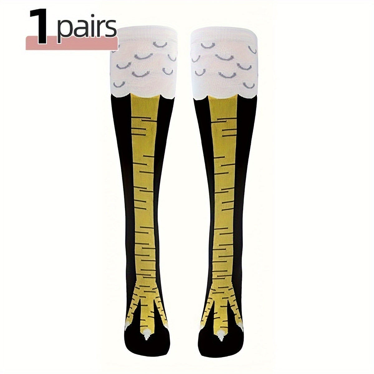 ChickenLegs novelty knee-high socks featuring yellow chicken feet design with white top and black accents - farmyard fashion