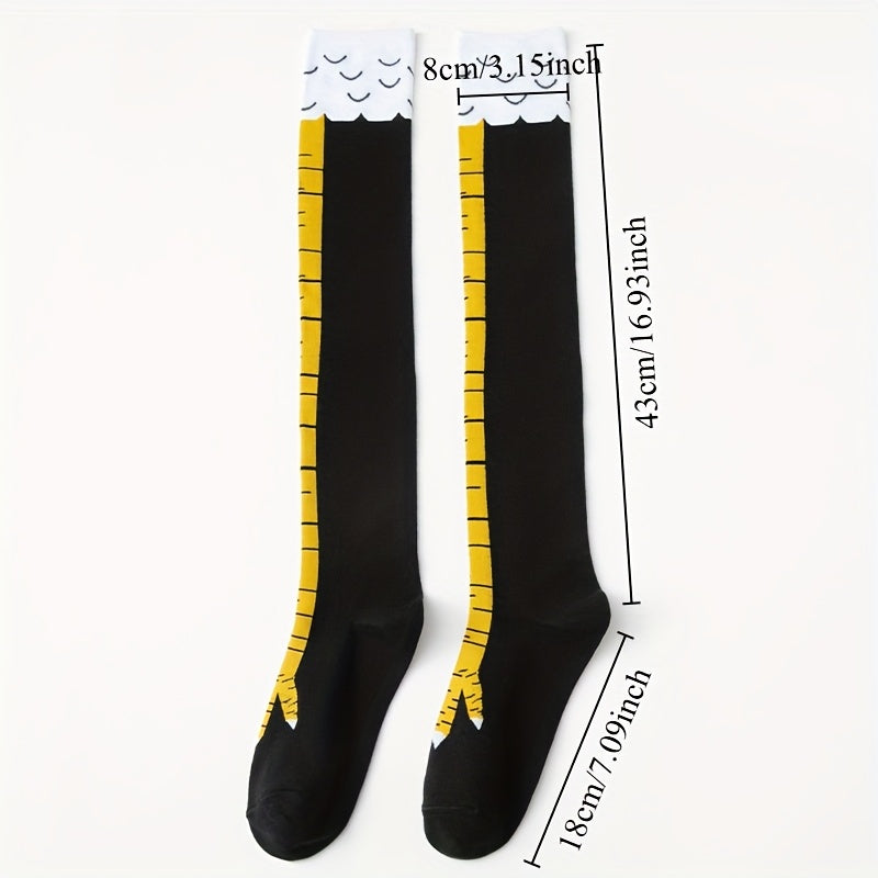 ChickenLegs novelty knee-high socks in black with yellow ruler design, featuring chicken claw pattern at feet - measuring details shown