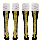 ChickenLegs novelty socks featuring yellow chicken feet design on white and black knee-high socks with scale pattern detailing