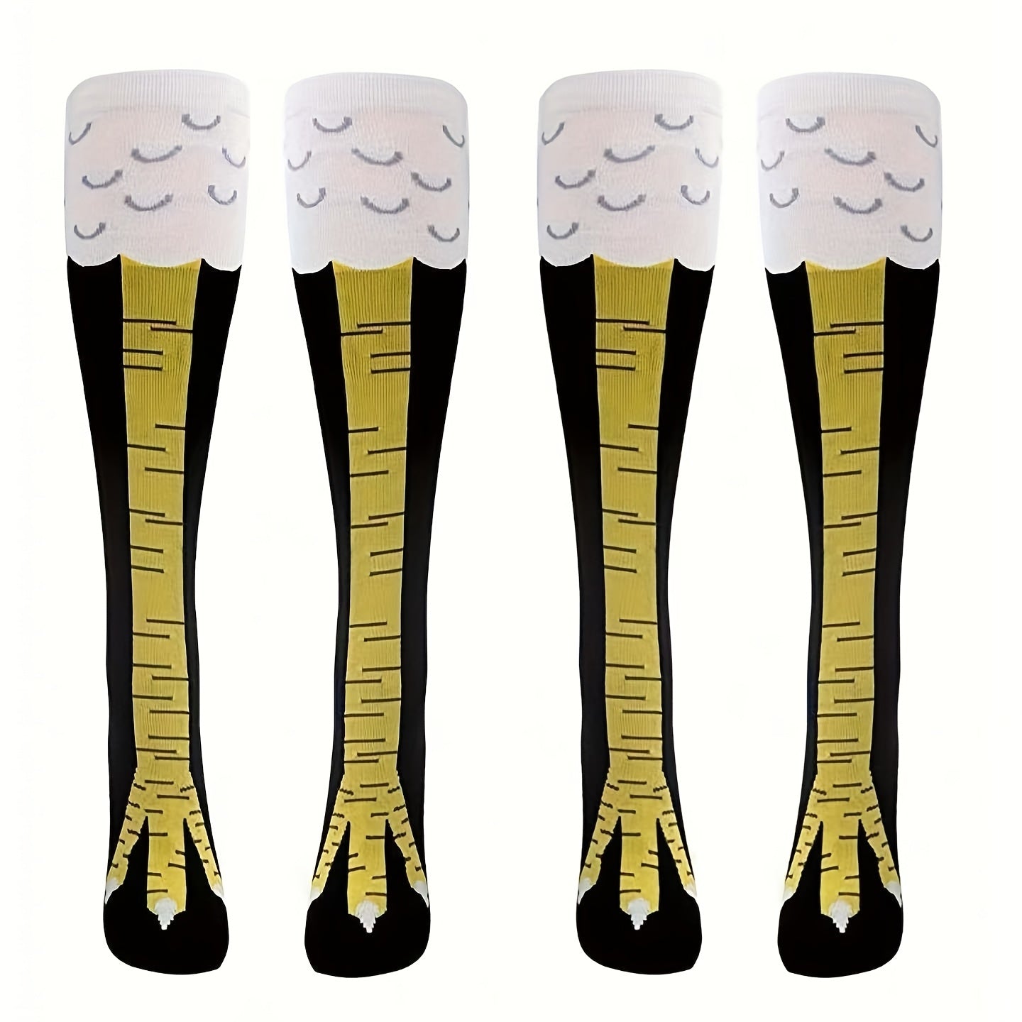 ChickenLegs novelty socks featuring yellow chicken feet design on white and black knee-high socks with scale pattern detailing