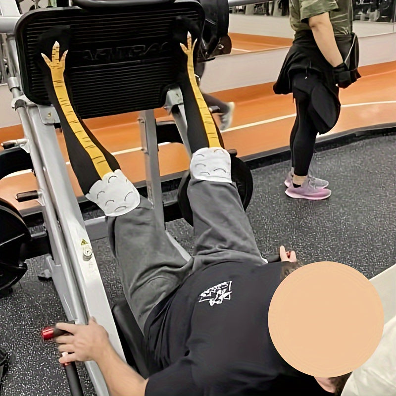 ChickenLegs novelty socks worn at gym, showing yellow chicken feet design on grey socks during workout on exercise bench