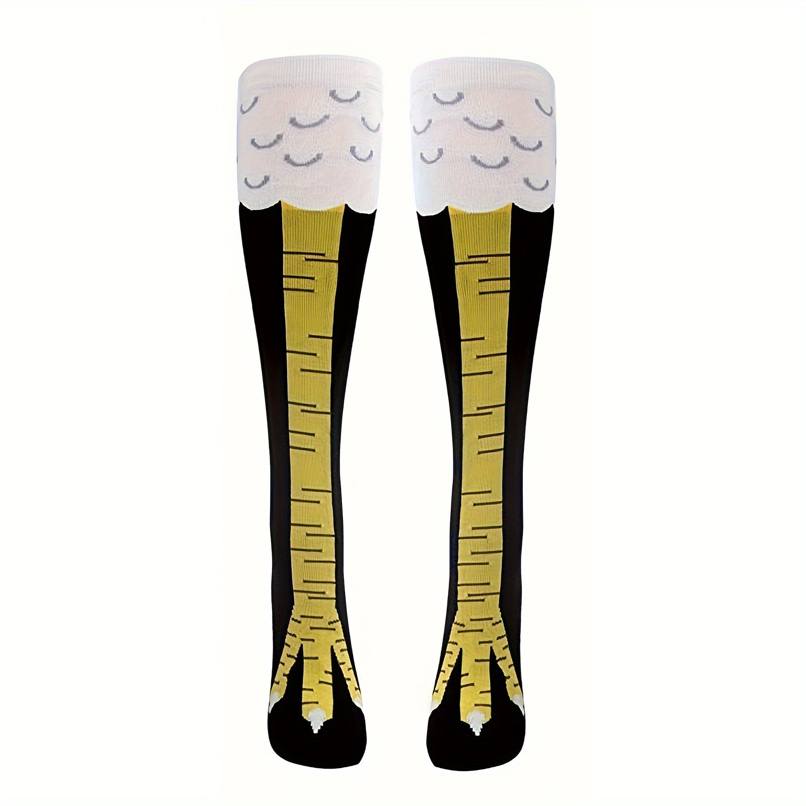 ChickenLegs socks featuring yellow chicken leg design with black scales and white feather pattern on knee-high compression wear