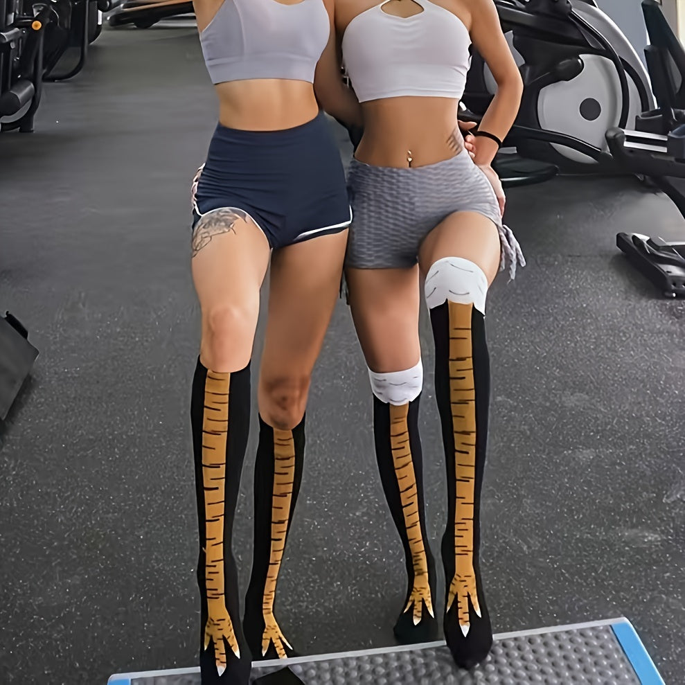 ChickenLegs socks in yellow and black with realistic chicken claw design shown at gym, worn as novelty athletic accessories