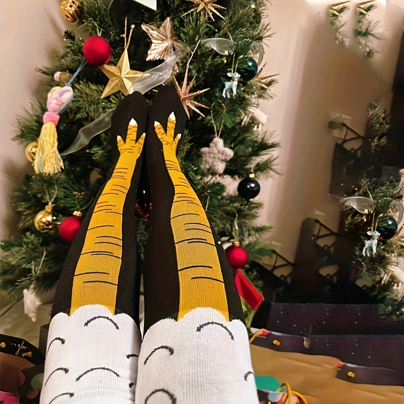 ChickenLegs socks in yellow and white featuring realistic chicken claw design displayed in front of decorated Christmas tree