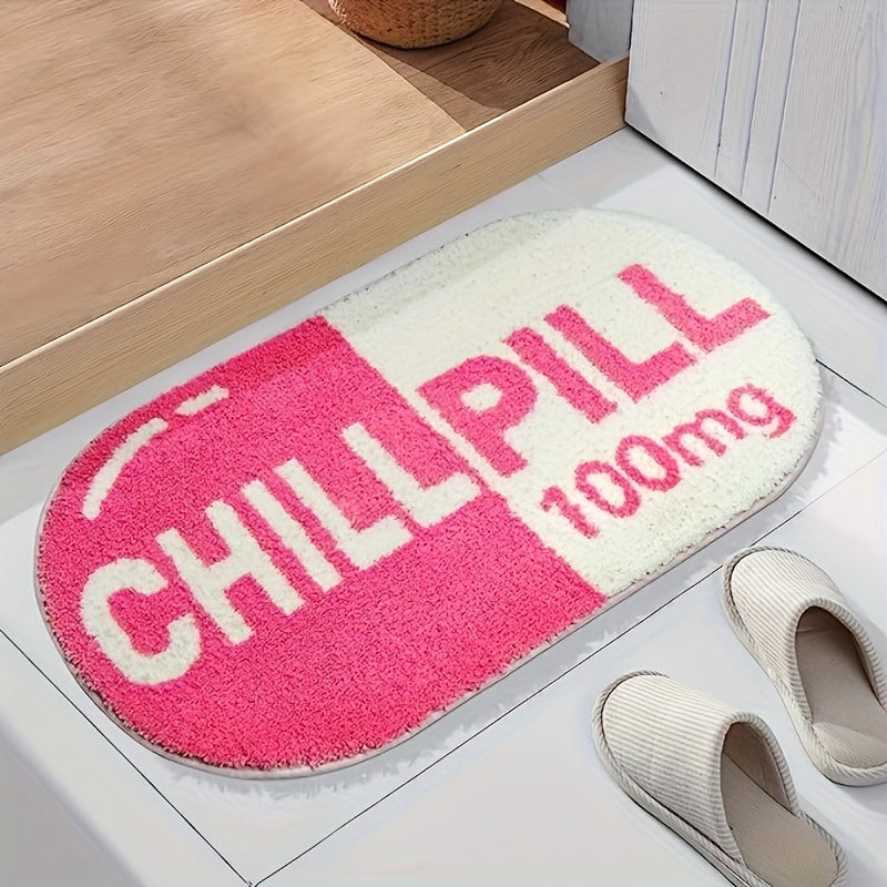 ChillPill plush bathroom rug in pink and white capsule design with 1000mg text on light wooden floor