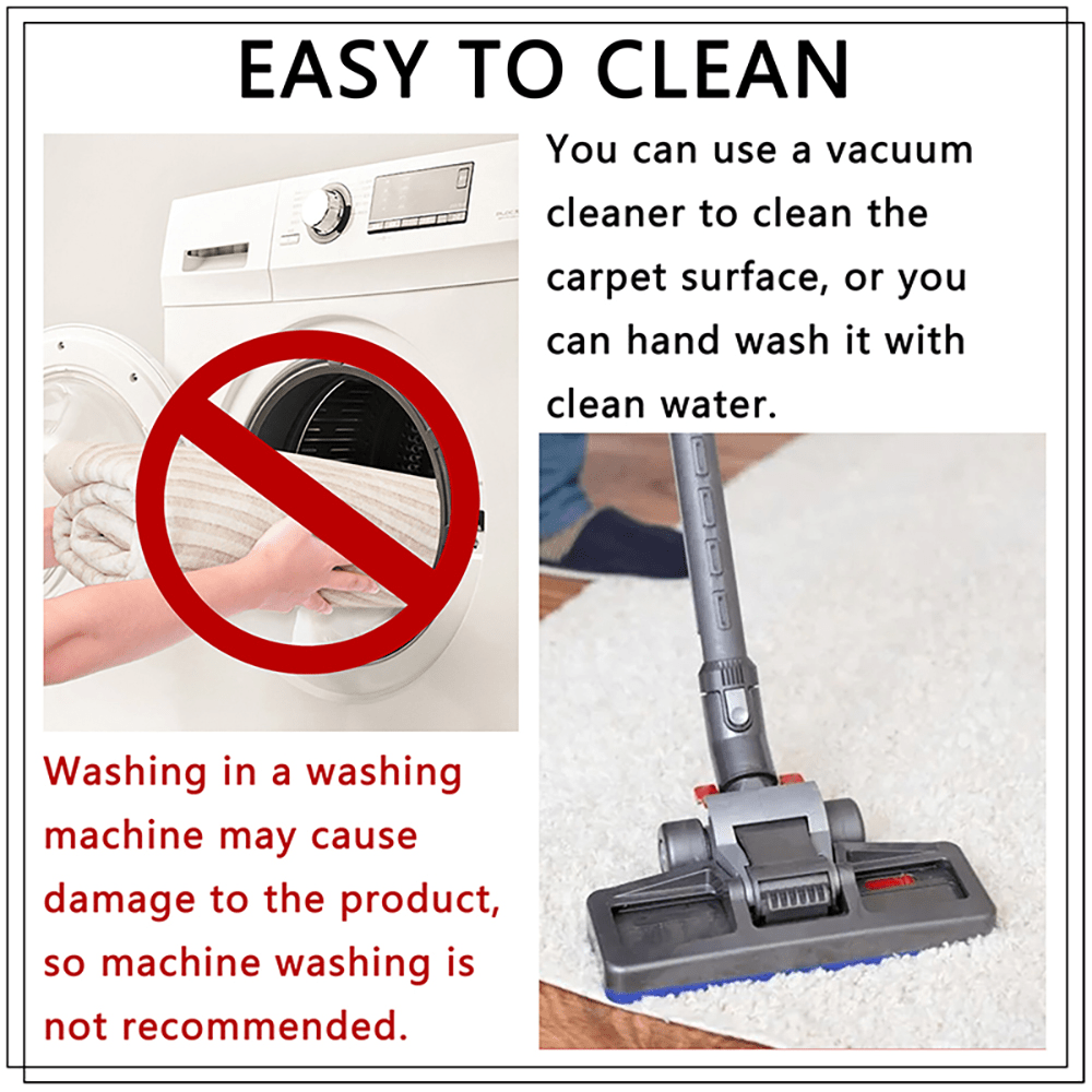 Chill Guy Rug care instructions showing vacuum cleaning and hand washing options with no-machine-wash warning