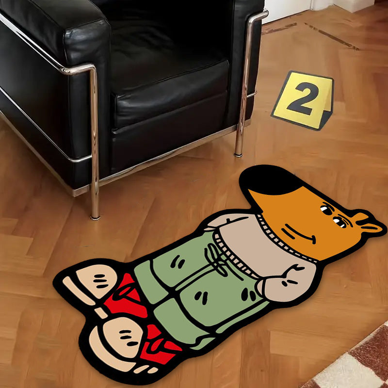 Chill Guy Rug featuring cartoon character lying down on hardwood floor beside modern black leather armchair - modern meme decor