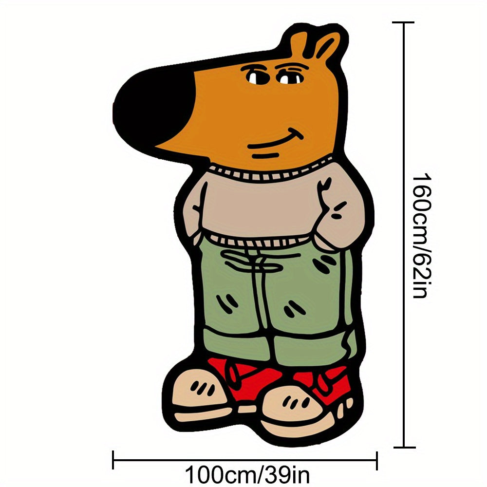 HighPeak Chill Guy Rug featuring cartoon dog character in beige sweater, green pants and red sandals - trendy home decor