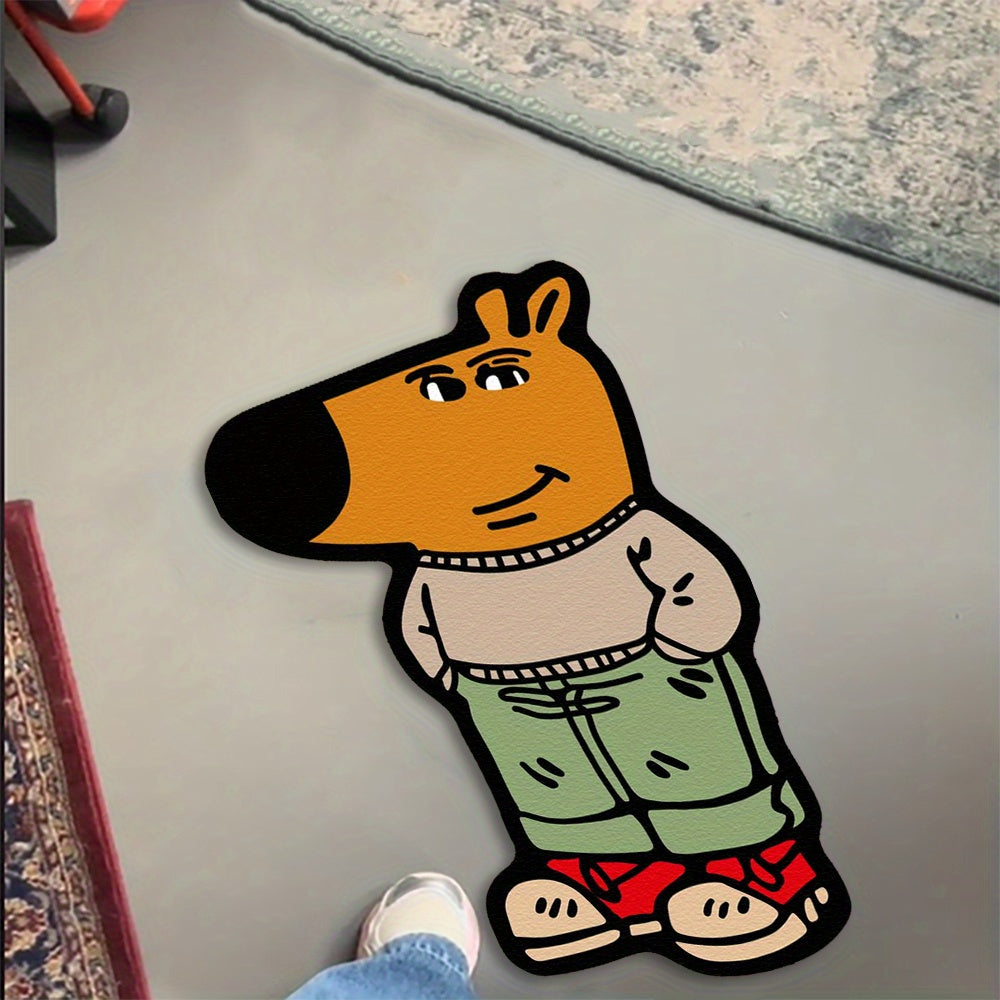 HighPeak Chill Guy Rug featuring cartoon character in green pants and red shoes on light floor - trendy meme decor