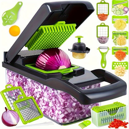 ChopMate 16-in-1 Vegetable Chopper with black container and lime green blades, showing diced purple onions and attachments