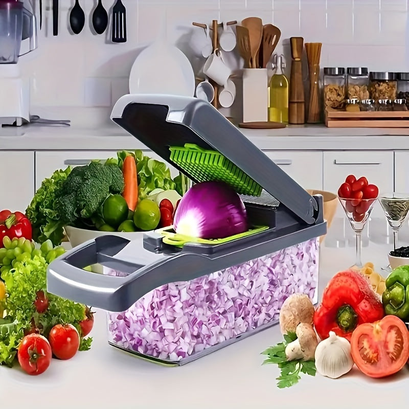 ChopMate vegetable chopper with diced purple onions in container, surrounded by fresh vegetables on white kitchen counter