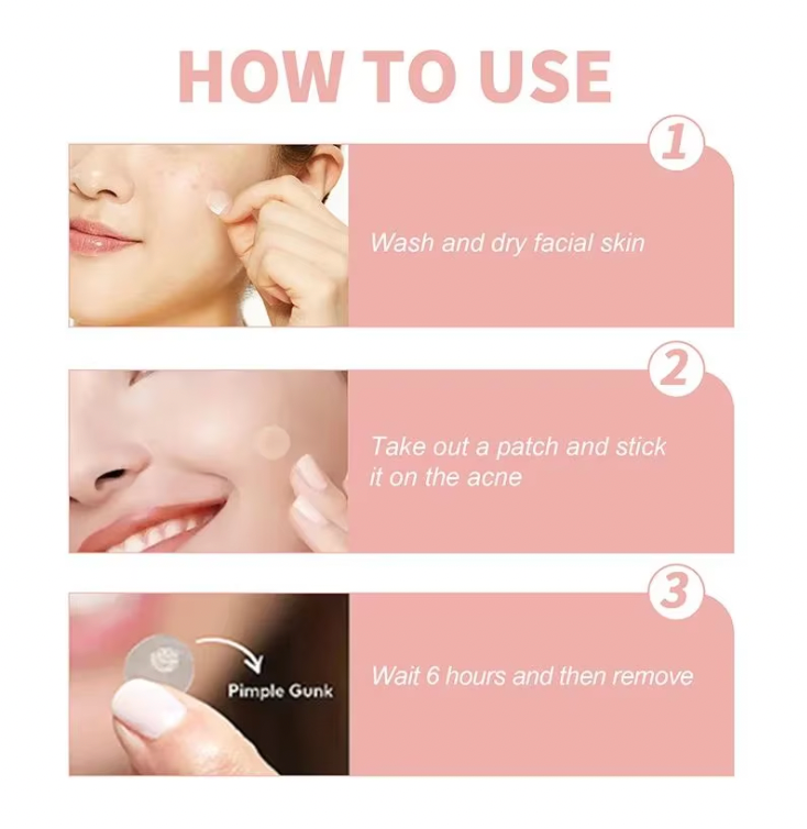 ClearSkin Pimple Patches application guide showing three steps: wash face, apply patch, and wait 6 hours for acne treatment