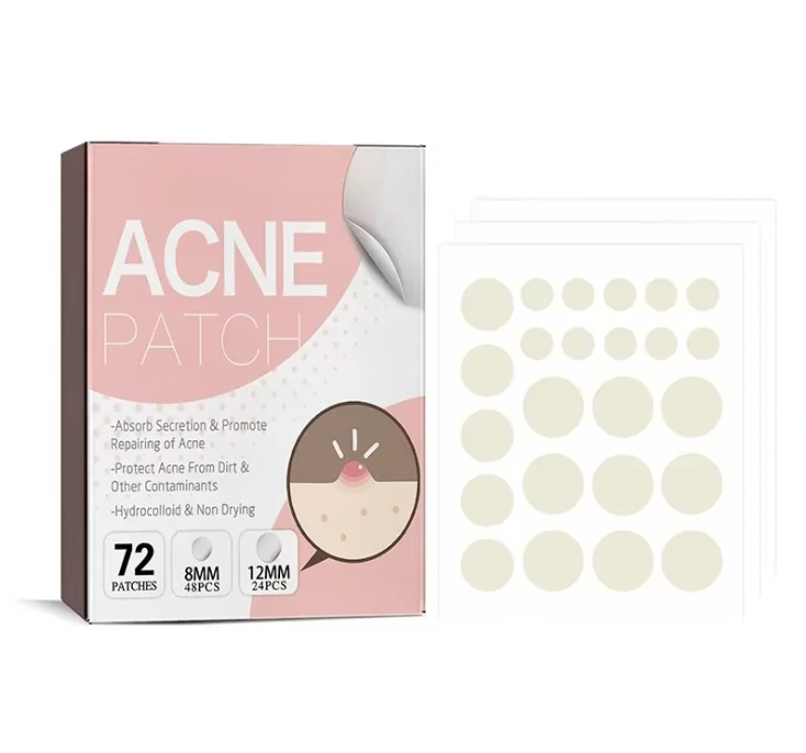 ClearSkin Pimple Patches box with 72 transparent hydrocolloid patches in various sizes displayed next to pink packaging