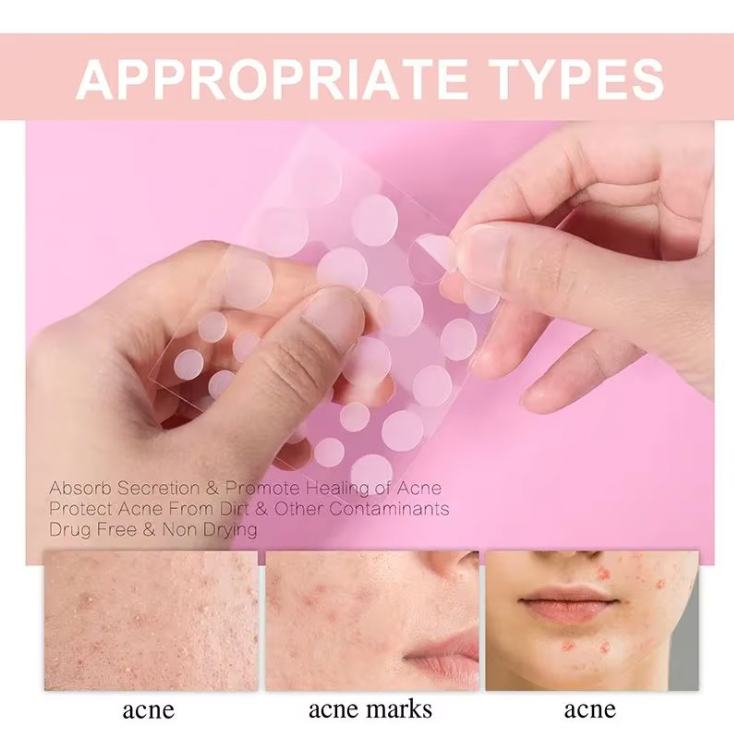 ClearSkin Pimple Patches shown in application process with transparent hydrocolloid dots on pink background, demonstrating acne treatment
