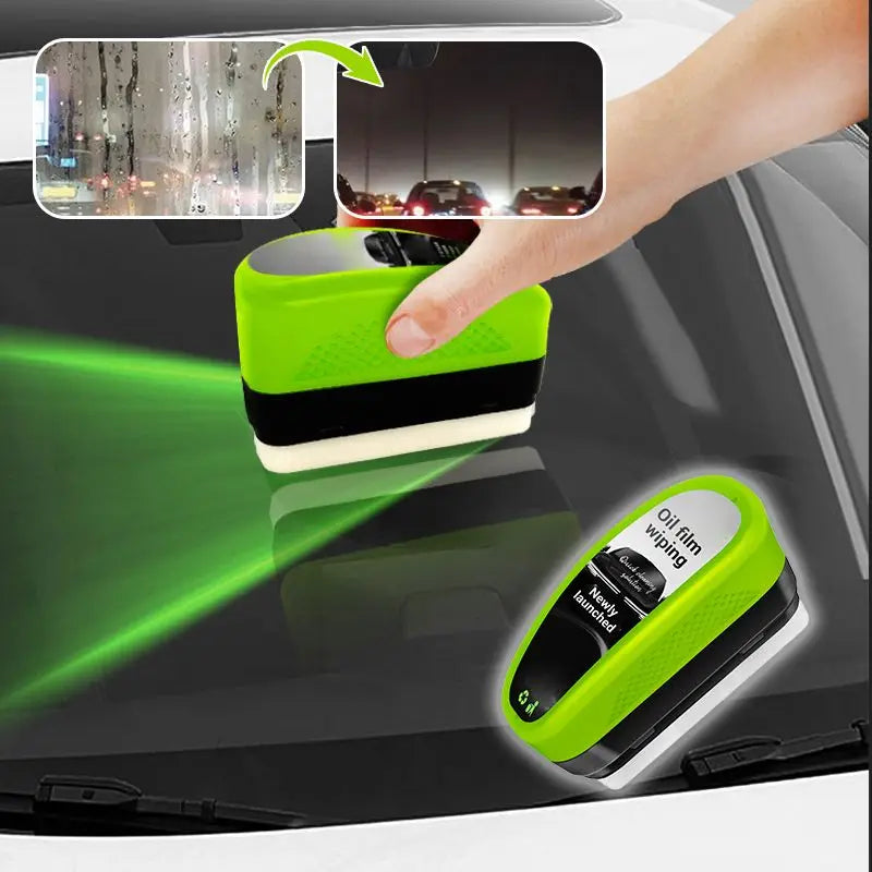ClearVision windshield cleaner in neon green demonstrates before-after cleaning effect on car glass, removing oil film and fog