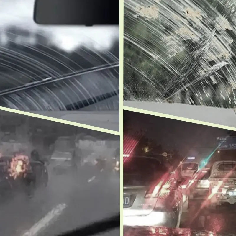 ClearVision windshield oil film remover demonstration showing before-after comparison of streaky and clear automotive glass at night