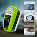 ClearVision windshield oil film remover with neon green ergonomic handle shown with before-after car window cleaning examples