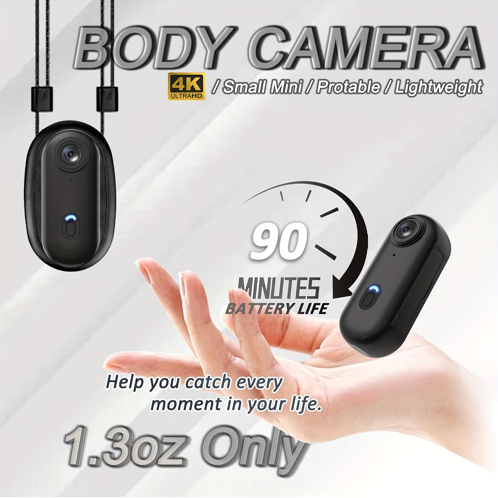 ClipCam 4K action camera displayed in black with lanyard, showing lightweight 1.3oz design and 90-minute battery feature