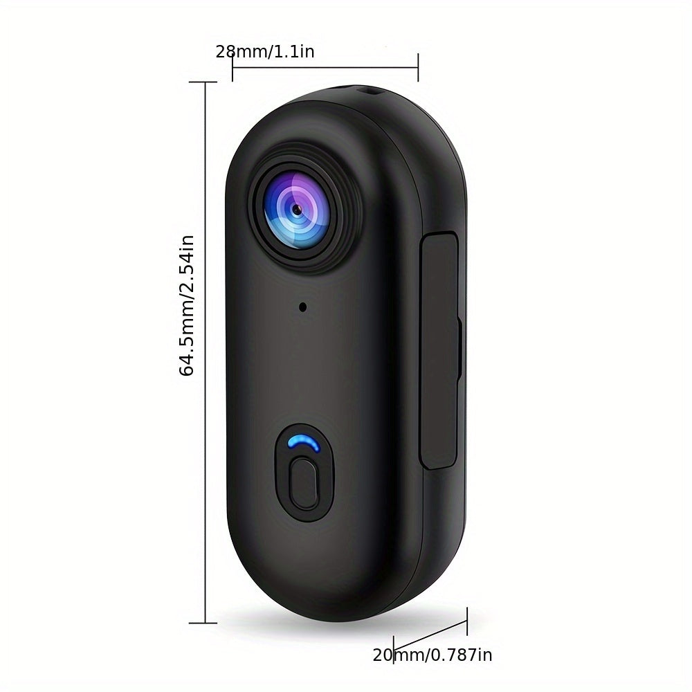 ClipCam 4K action camera in black with blue lens ring and dimensions overlay - compact POV design for sports recording