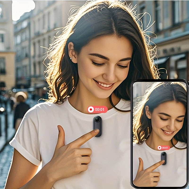 ClipCam 4K action camera shown mounted on white t-shirt with smartphone display demonstrating POV recording feature