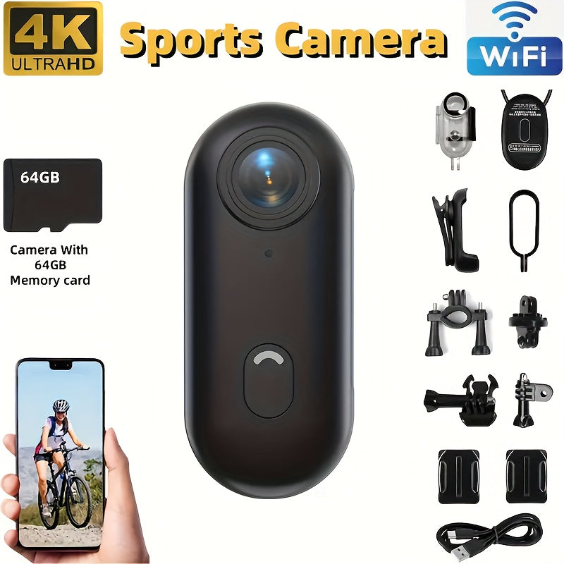 ClipCam 4K action camera with WiFi and mounting accessories - compact black sports cam with 64GB storage