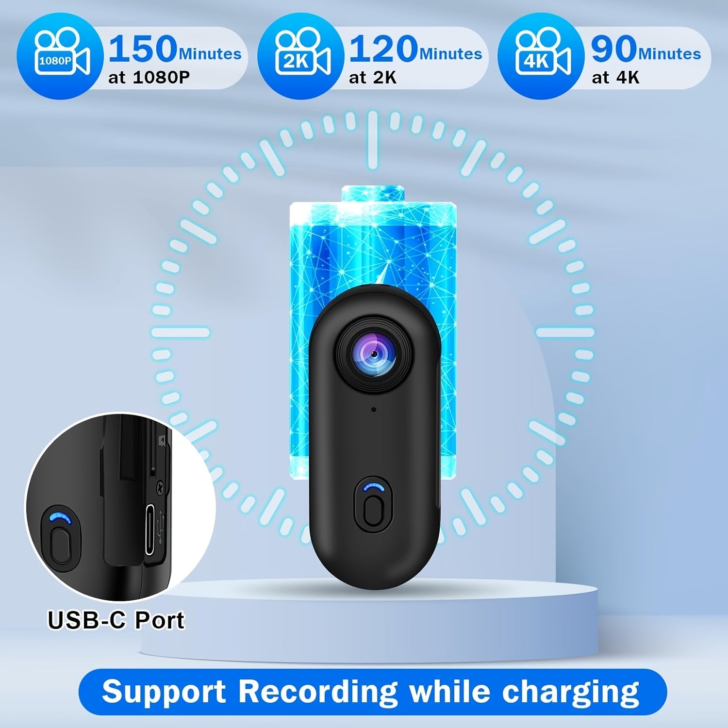 ClipCam 4K action camera with battery life indicator and USB-C port shown on white platform - portable sports recording